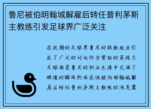 鲁尼被伯明翰城解雇后转任普利茅斯主教练引发足球界广泛关注 鲁尼被伯明翰城解雇后转任普利茅斯主教练引发足球界广泛关注