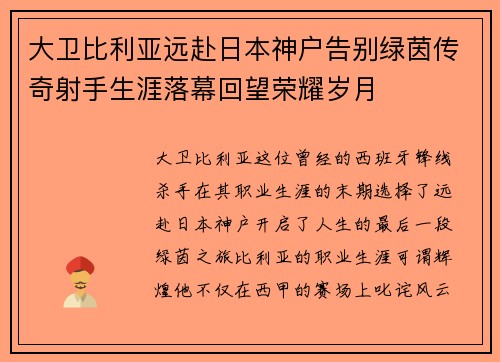 大卫比利亚远赴日本神户告别绿茵传奇射手生涯落幕回望荣耀岁月 大卫比利亚远赴日本神户告别绿茵传奇射手生涯落幕回望荣耀岁月